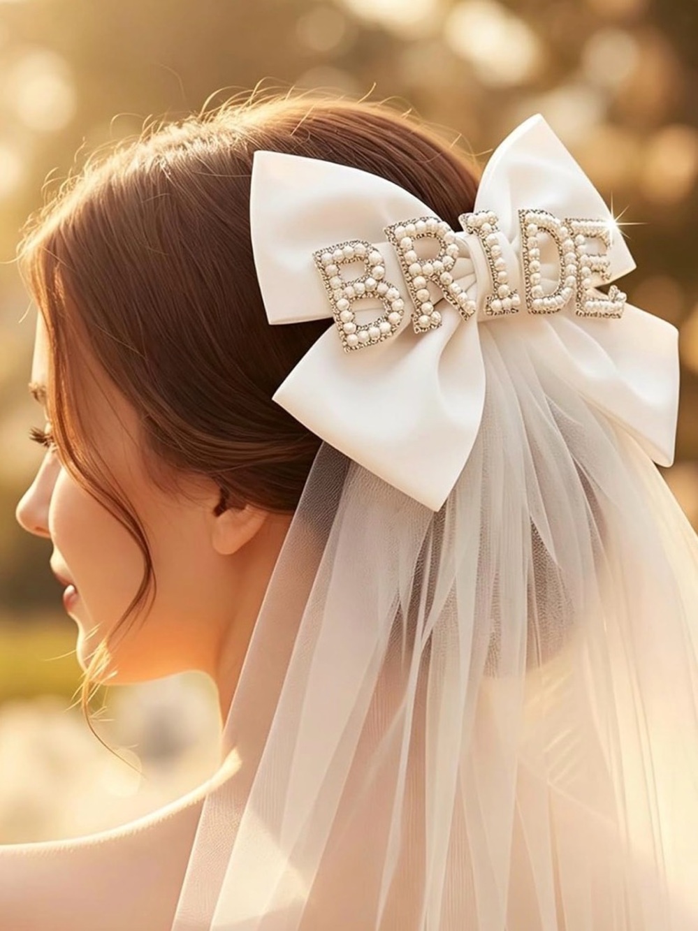 New Elegant Short White Bridal Shower Veil with Large Bow & Beaded “Bride”
